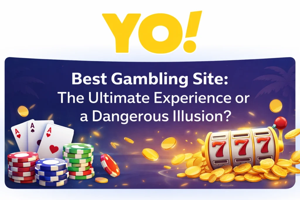 Best Gambling Site illustration with YO logo showing casino chips, cards, and slot machine representing risk and reward