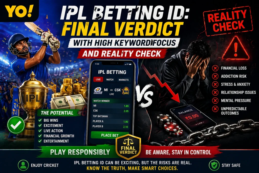 IPL Betting ID final verdict concept showing online cricket betting reality check with risks, rewards, and decision-making visuals