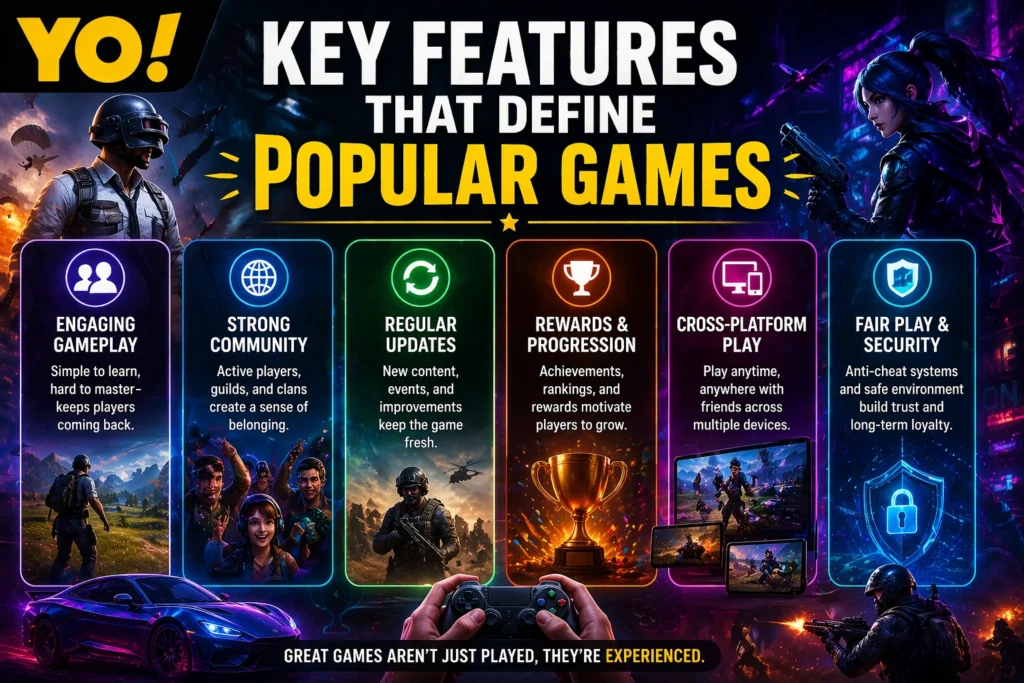 Key features of popular games showing multiplayer gaming, esports competition, gamer setup, and online gaming elements with YO logo