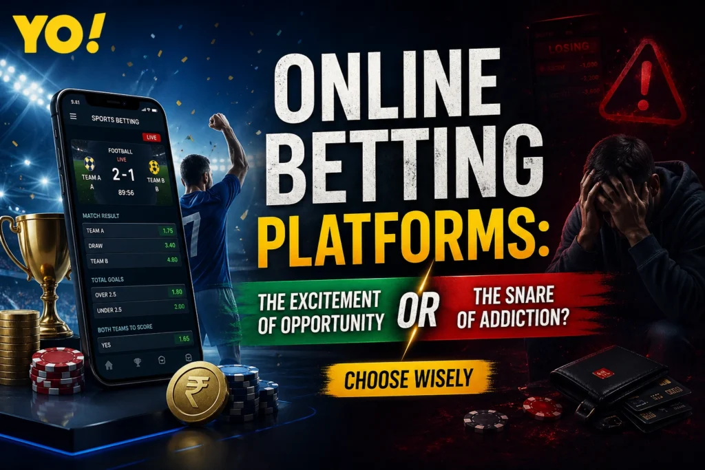 Online betting platform showing opportunity vs addiction concept with sports betting app, winning and losing contrast