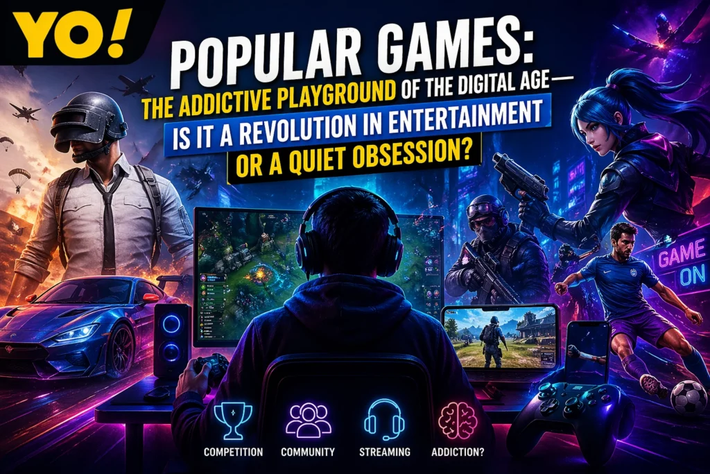 Popular games online gaming poster showing gamer setup, battle royale action, esports, and digital gaming world with YO logo