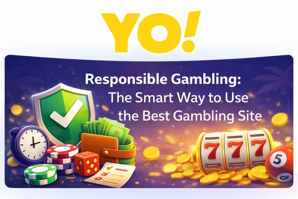 Responsible Gambling concept with YO logo showing shield, money, clock, chips and slot machine representing safe and controlled gambling