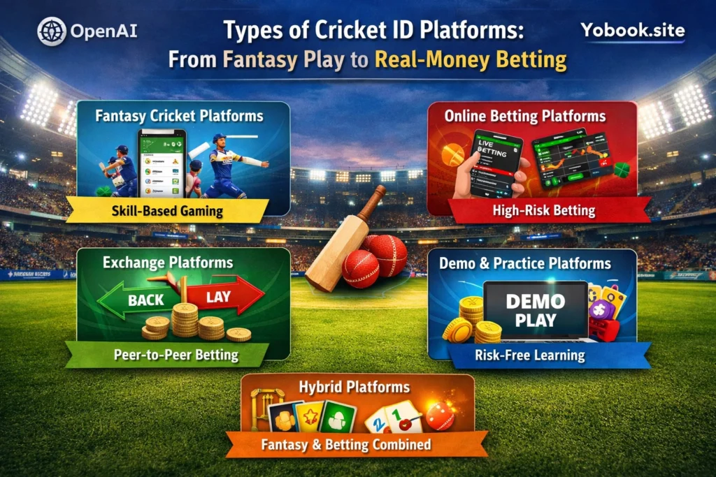 Types of Cricket ID platforms including fantasy cricket, online betting, and exchange systems with cricket theme design